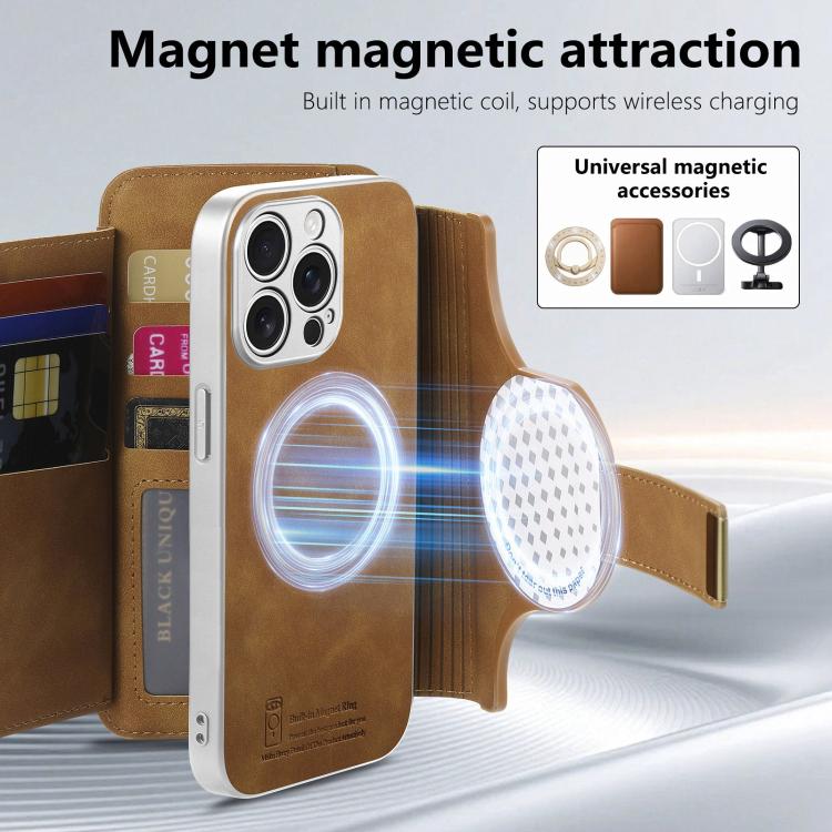 For iPhone 13 Pro Max Precision Hole Silver-Edged Ring RFID Blocking Zipper Wallet Magnetic Vegan Leather Phone Case