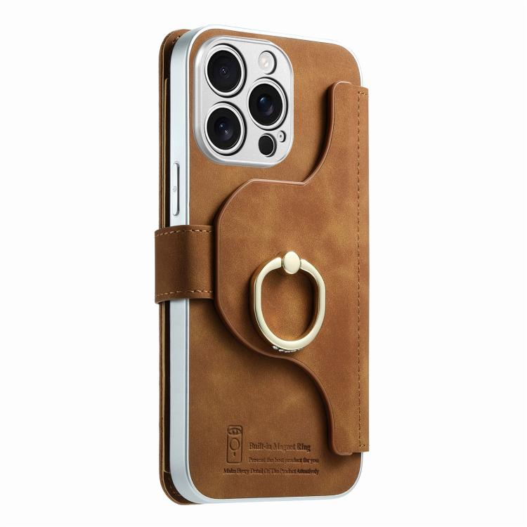 For iPhone 14 Pro Max Precision Hole Silver-Edged Ring RFID Blocking Zipper Wallet Magnetic Vegan Leather Phone Case