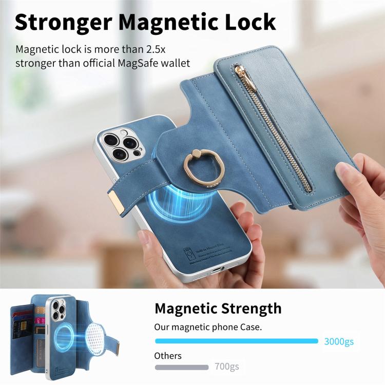For iPhone 14 Pro Precision Hole Silver-Edged Ring RFID Blocking Zipper Wallet Magnetic Vegan Leather Phone Case