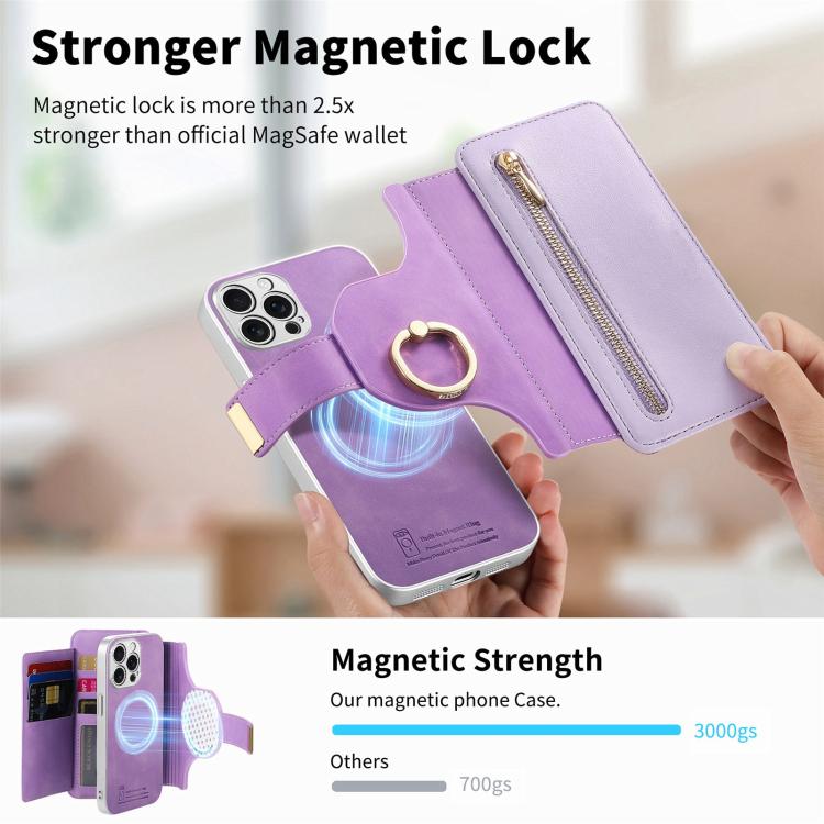 For iPhone 14 Pro Precision Hole Silver-Edged Ring RFID Blocking Zipper Wallet Magnetic Vegan Leather Phone Case