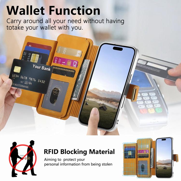 For iPhone 14 Pro Precision Hole Silver-Edged Ring RFID Blocking Zipper Wallet Magnetic Vegan Leather Phone Case