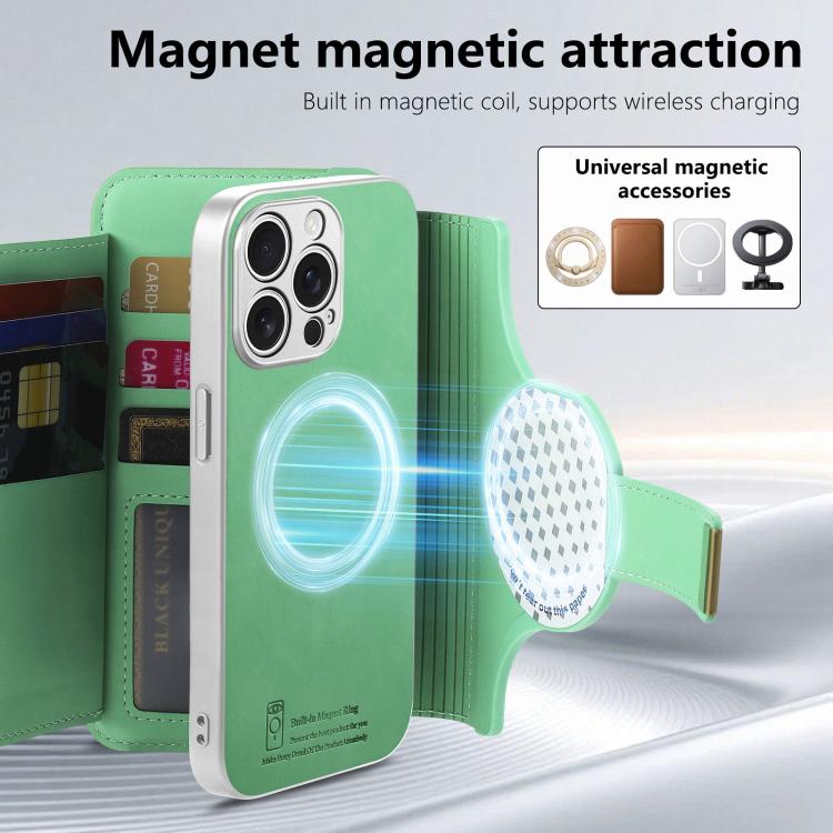 For iPhone 14 Pro Precision Hole Silver-Edged Ring RFID Blocking Zipper Wallet Magnetic Vegan Leather Phone Case