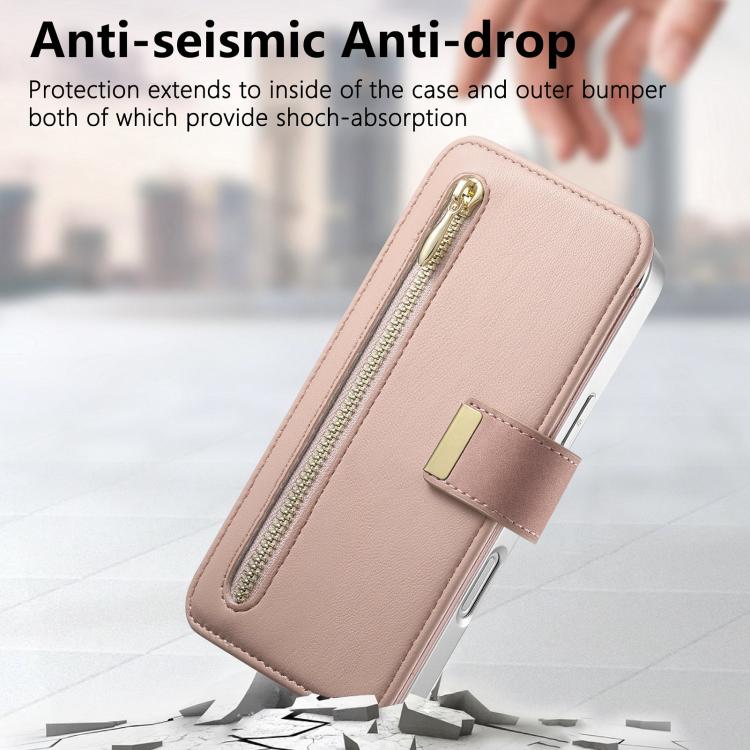 For iPhone 14 Precision Hole Silver-Edged Ring RFID Blocking Zipper Wallet Magnetic Vegan Leather Phone Case