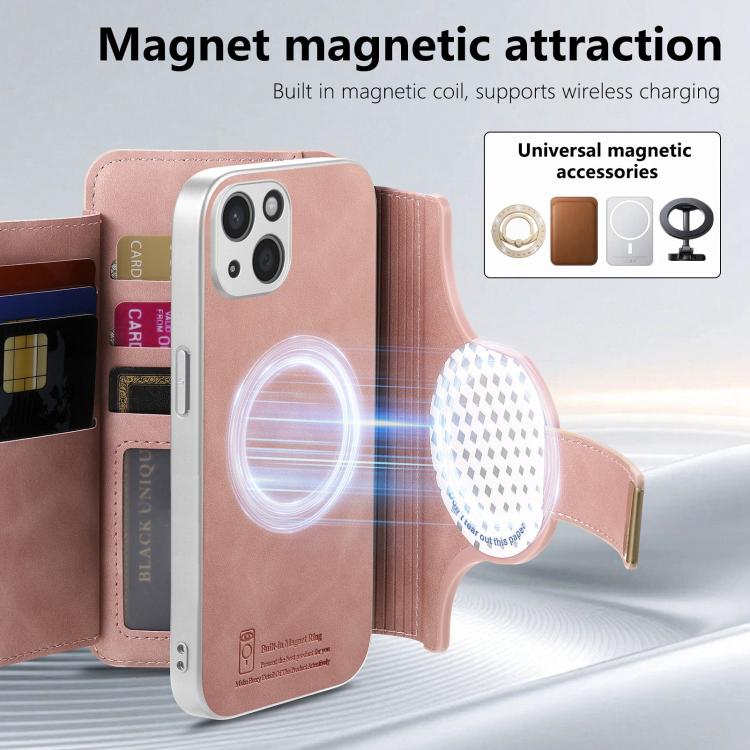 For iPhone 14 Precision Hole Silver-Edged Ring RFID Blocking Zipper Wallet Magnetic Vegan Leather Phone Case