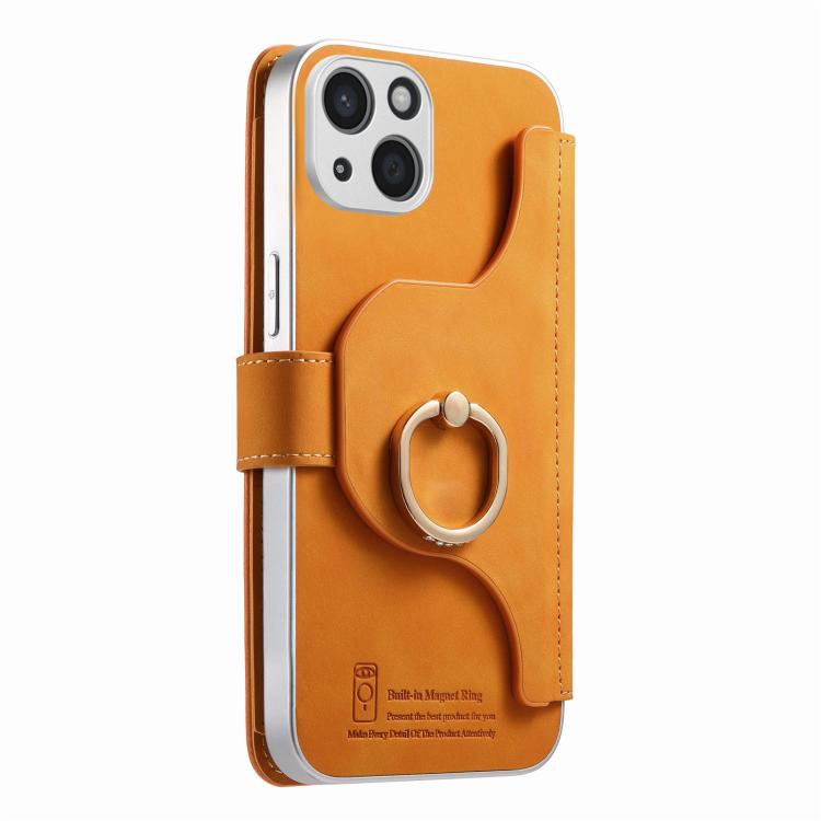 For iPhone 14 Precision Hole Silver-Edged Ring RFID Blocking Zipper Wallet Magnetic Vegan Leather Phone Case