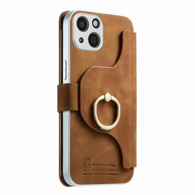 For iPhone 14 Precision Hole Silver-Edged Ring RFID Blocking Zipper Wallet Magnetic Vegan Leather Phone Case