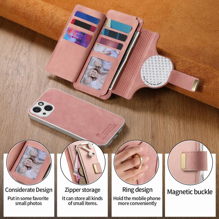 For iPhone 15 Precision Hole Silver-Edged Ring RFID Blocking Zipper Wallet Magnetic Vegan Leather Phone Case