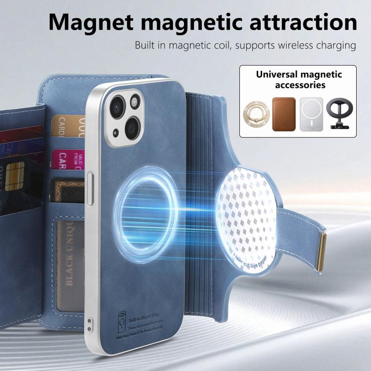 For iPhone 15 Precision Hole Silver-Edged Ring RFID Blocking Zipper Wallet Magnetic Vegan Leather Phone Case