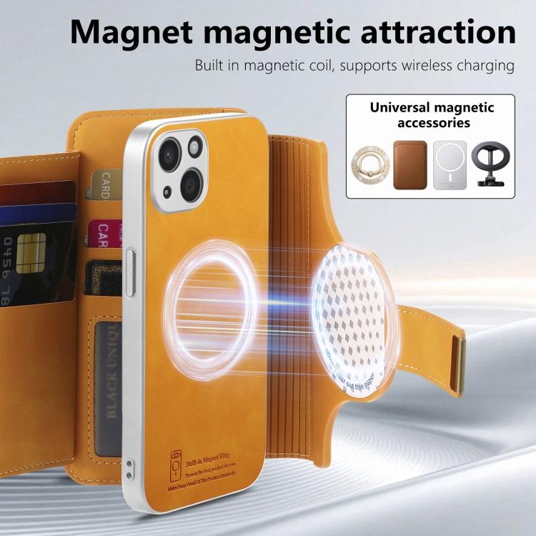 For iPhone 15 Precision Hole Silver-Edged Ring RFID Blocking Zipper Wallet Magnetic Vegan Leather Phone Case