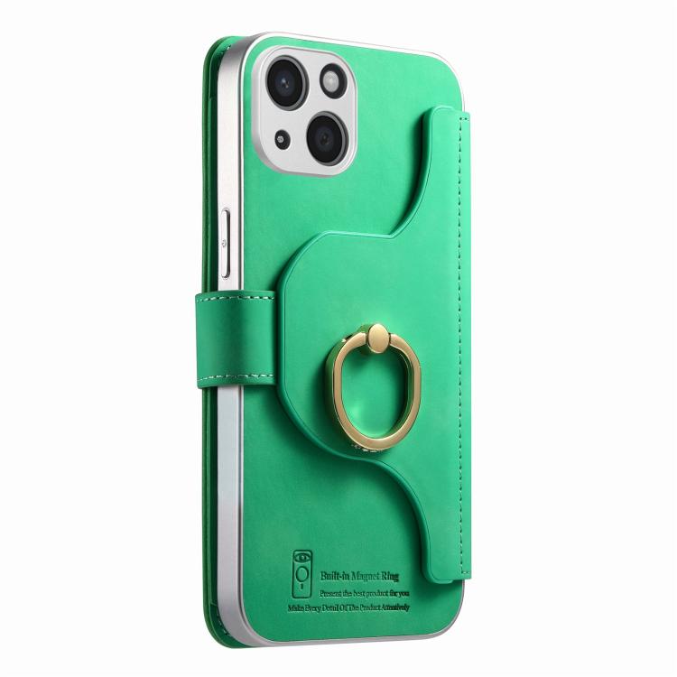 For iPhone 15 Precision Hole Silver-Edged Ring RFID Blocking Zipper Wallet Magnetic Vegan Leather Phone Case
