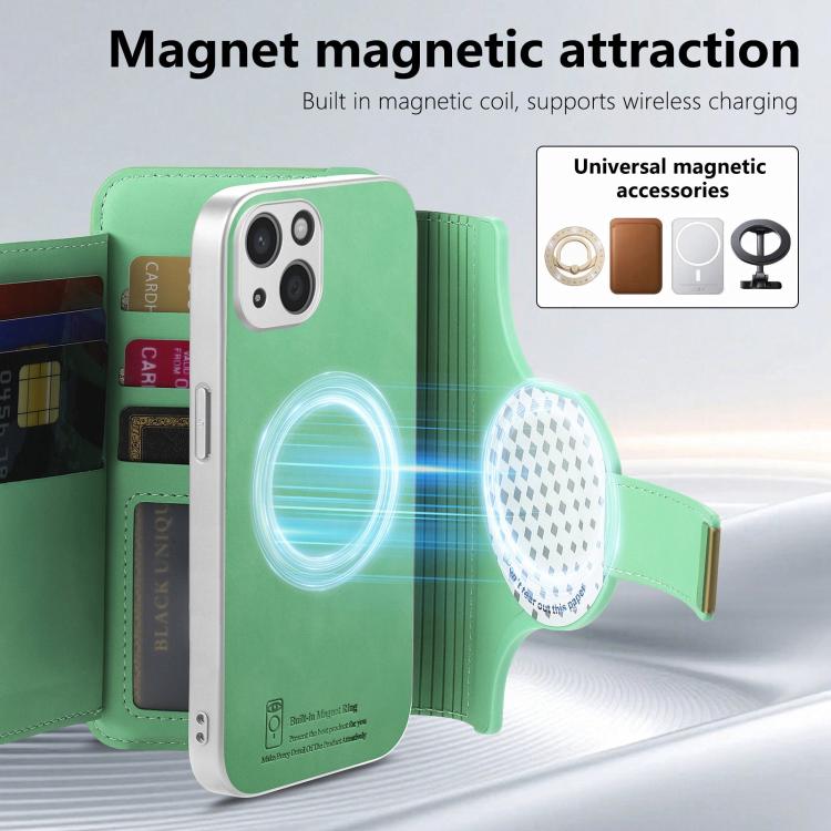 For iPhone 15 Precision Hole Silver-Edged Ring RFID Blocking Zipper Wallet Magnetic Vegan Leather Phone Case