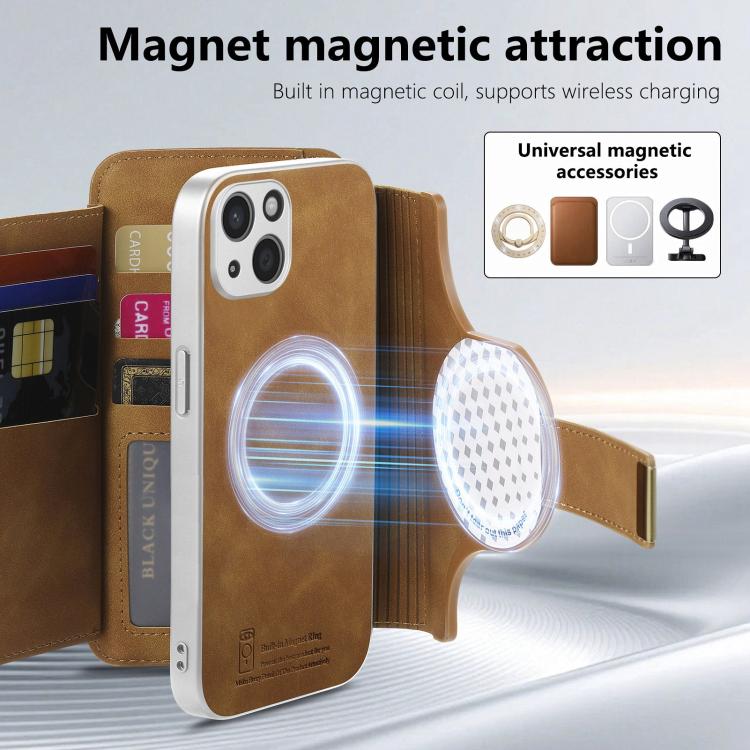 For iPhone 15 Precision Hole Silver-Edged Ring RFID Blocking Zipper Wallet Magnetic Vegan Leather Phone Case