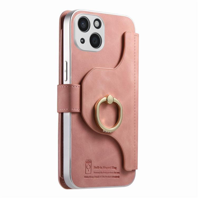 For iPhone 15 Plus Precision Hole Silver-Edged Ring RFID Blocking Zipper Wallet Magnetic Vegan Leather Phone Case