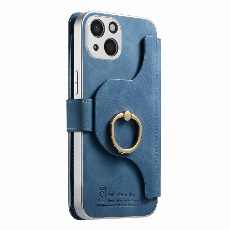 For iPhone 15 Plus Precision Hole Silver-Edged Ring RFID Blocking Zipper Wallet Magnetic Vegan Leather Phone Case