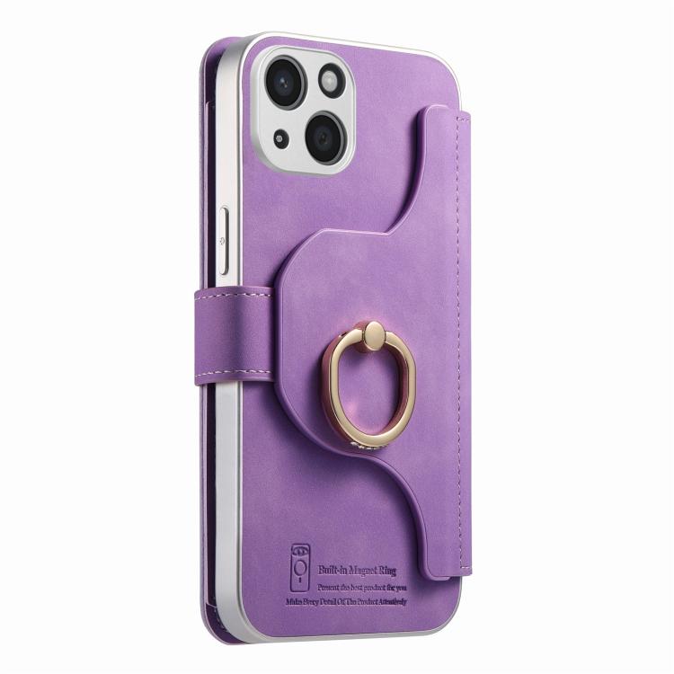 For iPhone 15 Plus Precision Hole Silver-Edged Ring RFID Blocking Zipper Wallet Magnetic Vegan Leather Phone Case