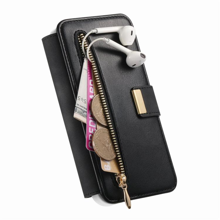 For iPhone 15 Plus Precision Hole Silver-Edged Ring RFID Blocking Zipper Wallet Magnetic Vegan Leather Phone Case