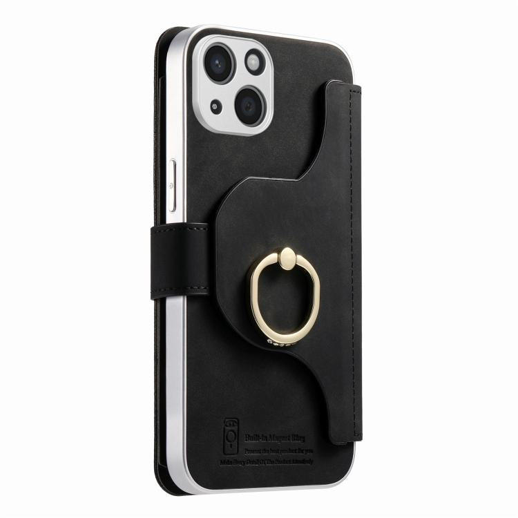 For iPhone 15 Plus Precision Hole Silver-Edged Ring RFID Blocking Zipper Wallet Magnetic Vegan Leather Phone Case