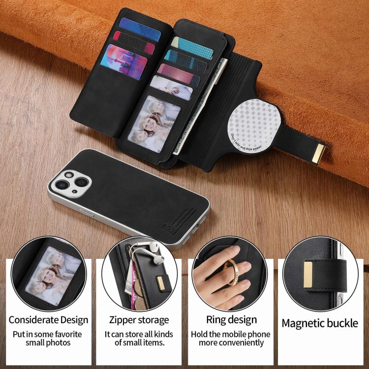 For iPhone 15 Plus Precision Hole Silver-Edged Ring RFID Blocking Zipper Wallet Magnetic Vegan Leather Phone Case