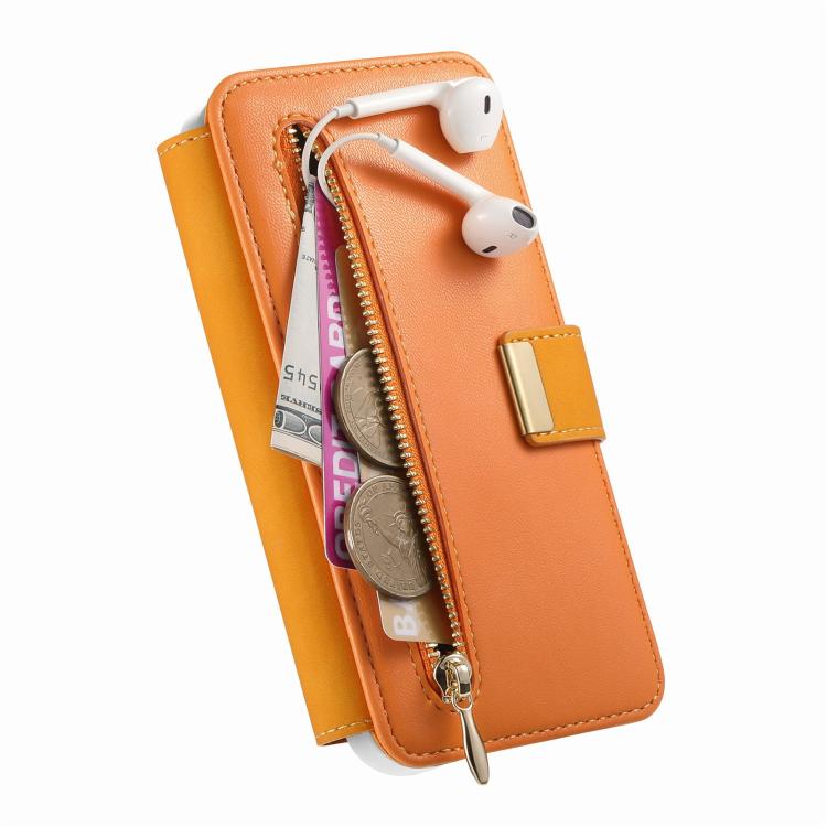 For iPhone 15 Plus Precision Hole Silver-Edged Ring RFID Blocking Zipper Wallet Magnetic Vegan Leather Phone Case