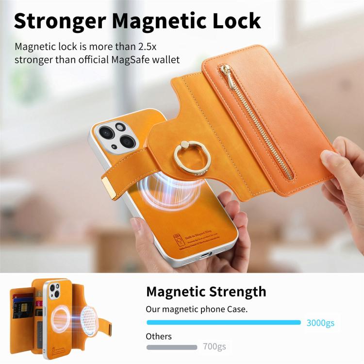 For iPhone 15 Plus Precision Hole Silver-Edged Ring RFID Blocking Zipper Wallet Magnetic Vegan Leather Phone Case