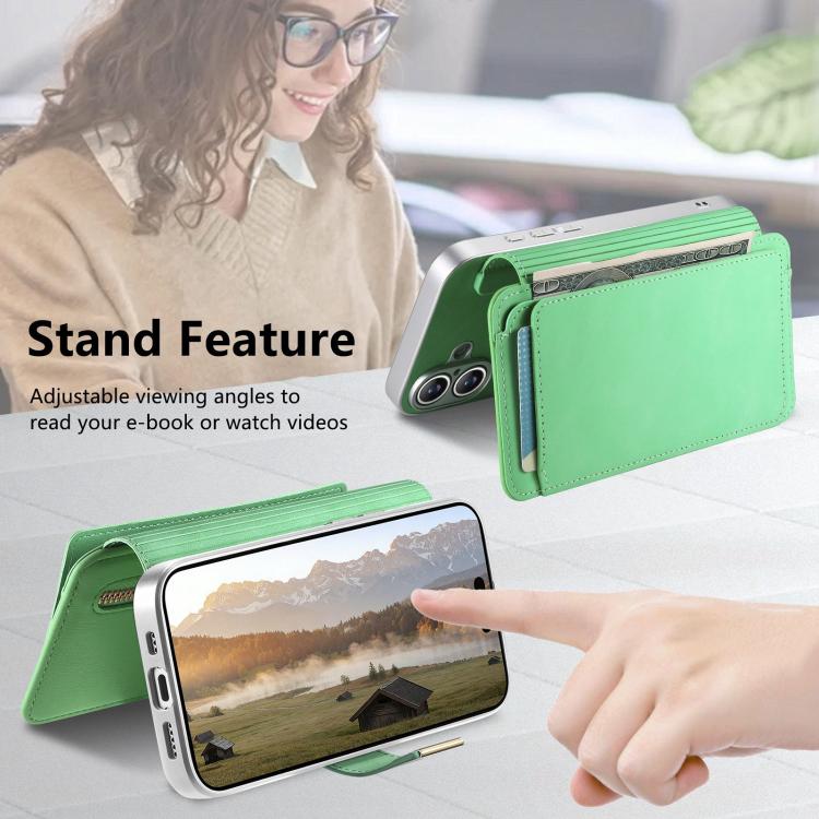 For iPhone 15 Plus Precision Hole Silver-Edged Ring RFID Blocking Zipper Wallet Magnetic Vegan Leather Phone Case