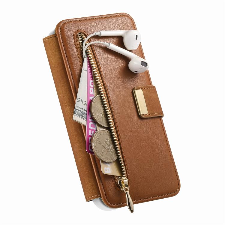 For iPhone 15 Plus Precision Hole Silver-Edged Ring RFID Blocking Zipper Wallet Magnetic Vegan Leather Phone Case
