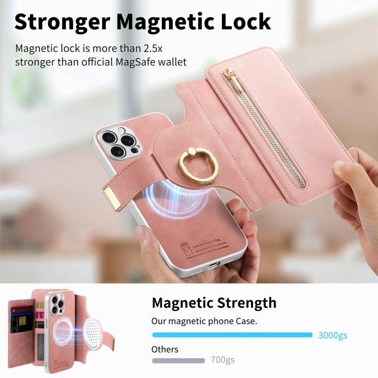 For iPhone 15 Pro Precision Hole Silver-Edged Ring RFID Blocking Zipper Wallet Magnetic Vegan Leather Phone Case