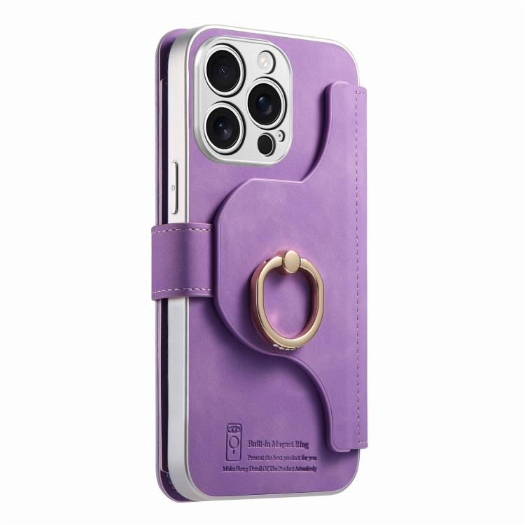 For iPhone 15 Pro Precision Hole Silver-Edged Ring RFID Blocking Zipper Wallet Magnetic Vegan Leather Phone Case