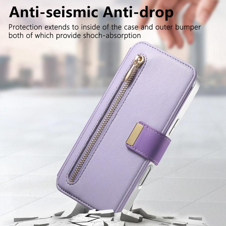 For iPhone 15 Pro Precision Hole Silver-Edged Ring RFID Blocking Zipper Wallet Magnetic Vegan Leather Phone Case
