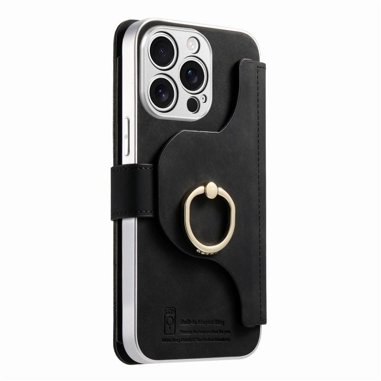 For iPhone 15 Pro Precision Hole Silver-Edged Ring RFID Blocking Zipper Wallet Magnetic Vegan Leather Phone Case
