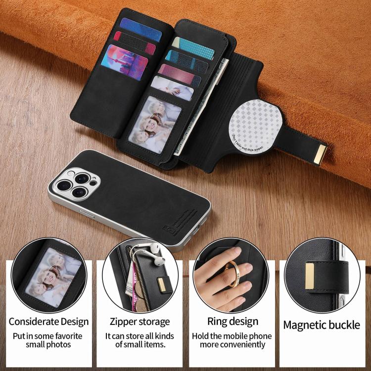 For iPhone 15 Pro Precision Hole Silver-Edged Ring RFID Blocking Zipper Wallet Magnetic Vegan Leather Phone Case