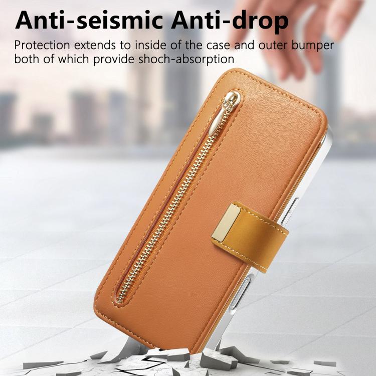 For iPhone 15 Pro Precision Hole Silver-Edged Ring RFID Blocking Zipper Wallet Magnetic Vegan Leather Phone Case