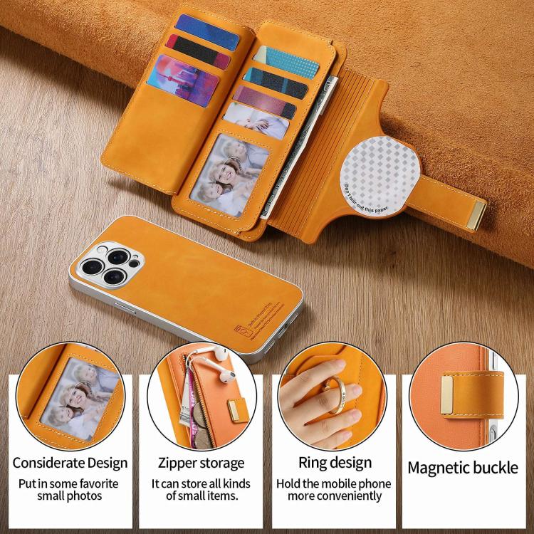 For iPhone 15 Pro Precision Hole Silver-Edged Ring RFID Blocking Zipper Wallet Magnetic Vegan Leather Phone Case