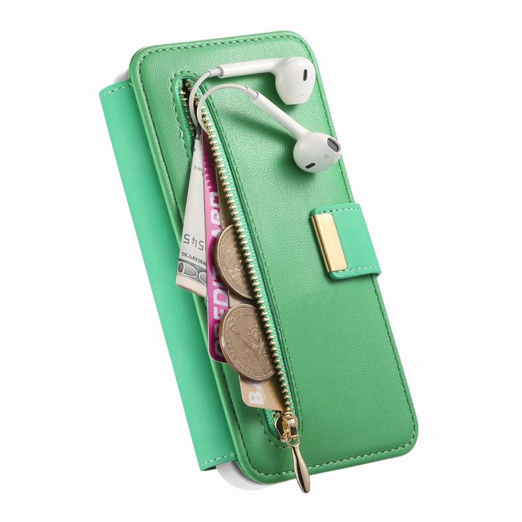 For iPhone 15 Pro Precision Hole Silver-Edged Ring RFID Blocking Zipper Wallet Magnetic Vegan Leather Phone Case