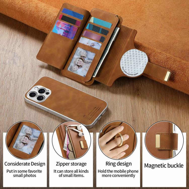 For iPhone 15 Pro Precision Hole Silver-Edged Ring RFID Blocking Zipper Wallet Magnetic Vegan Leather Phone Case
