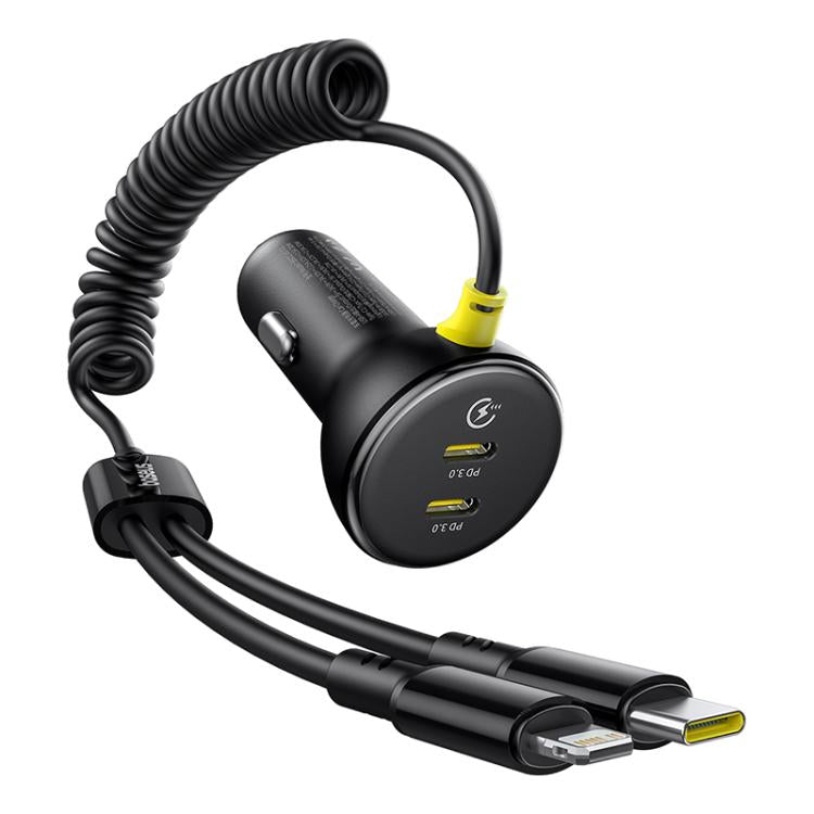 Baseus 60W USB and Type-C Ports Circular Plastic Car Charger with Type-C and 8 Pin Spring Cable - Black