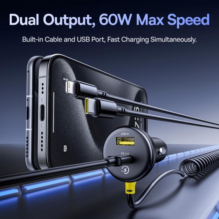 Baseus 60W USB and Type-C Ports Circular Plastic Car Charger with Type-C and 8 Pin Spring Cable - Black