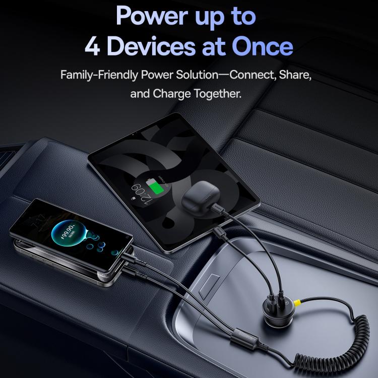 Baseus 60W USB and Type-C Ports Circular Plastic Car Charger with Type-C and 8 Pin Spring Cable - Black