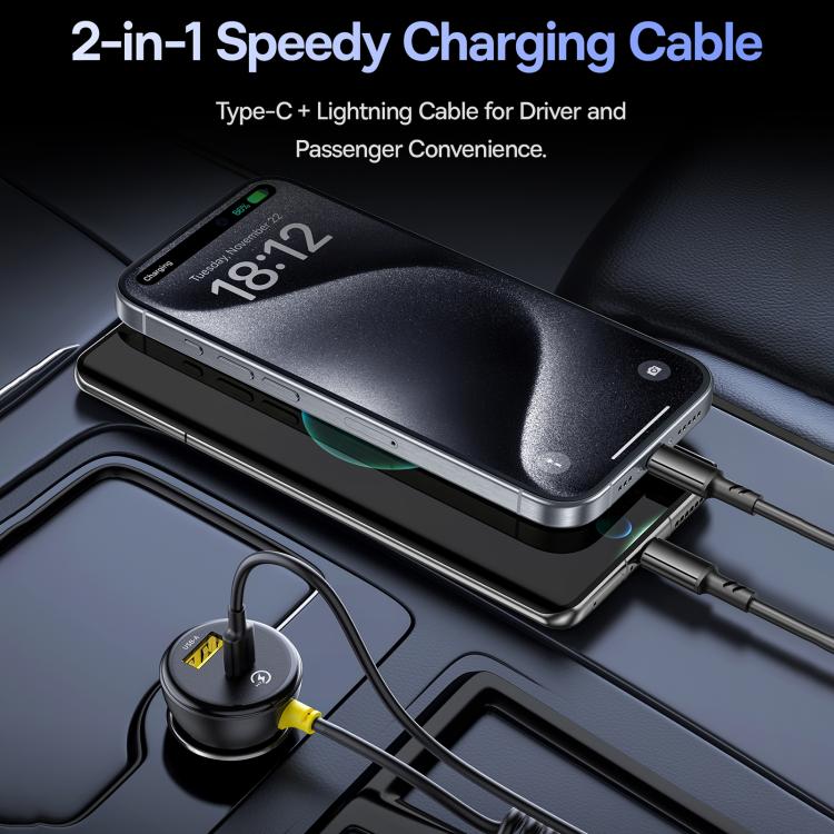 Baseus 60W USB and Type-C Ports Circular Plastic Car Charger with Type-C and 8 Pin Spring Cable - Black