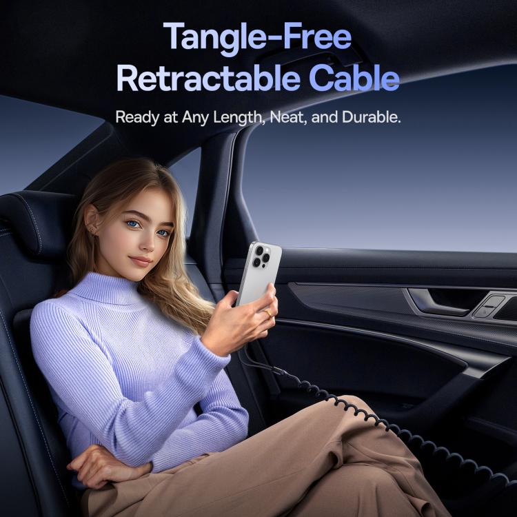 Baseus 60W USB and Type-C Ports Circular Plastic Car Charger with Type-C and 8 Pin Spring Cable - Black