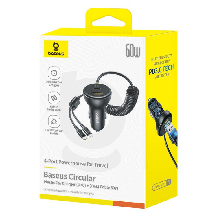 Baseus 60W USB and Type-C Ports Circular Plastic Car Charger with Type-C and 8 Pin Spring Cable - Black