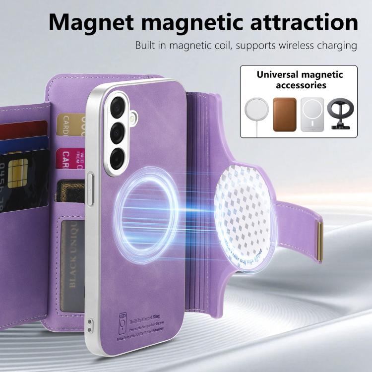 For Galaxy S26+ 5G Precision Hole Silver-Edged Ring RFID Blocking Zipper Wallet Magnetic Vegan Leather Phone Case