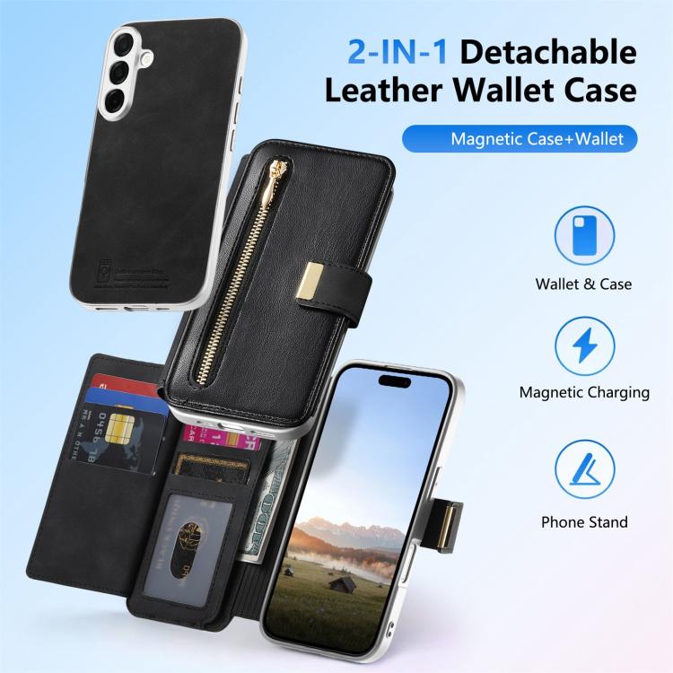 For Galaxy S26+ 5G Precision Hole Silver-Edged Ring RFID Blocking Zipper Wallet Magnetic Vegan Leather Phone Case