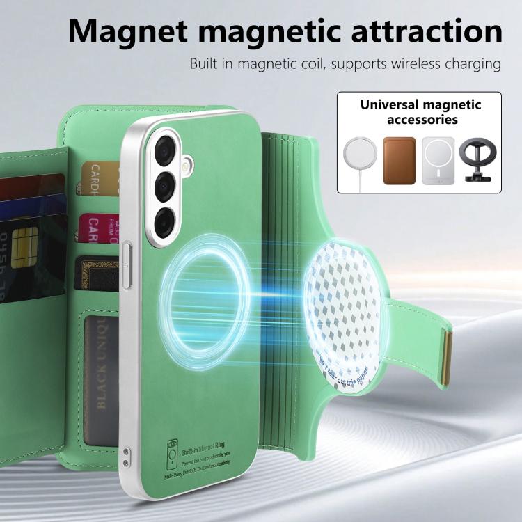 For Galaxy S26+ 5G Precision Hole Silver-Edged Ring RFID Blocking Zipper Wallet Magnetic Vegan Leather Phone Case