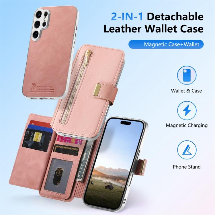 For Galaxy S26 Ultra 5G Precision Hole Silver-Edged Ring RFID Blocking Zipper Wallet Magnetic Vegan Leather Phone Case