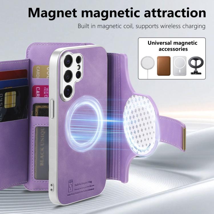 For Galaxy S26 Ultra 5G Precision Hole Silver-Edged Ring RFID Blocking Zipper Wallet Magnetic Vegan Leather Phone Case