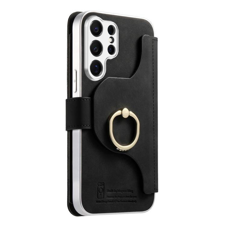 For Galaxy S26 Ultra 5G Precision Hole Silver-Edged Ring RFID Blocking Zipper Wallet Magnetic Vegan Leather Phone Case