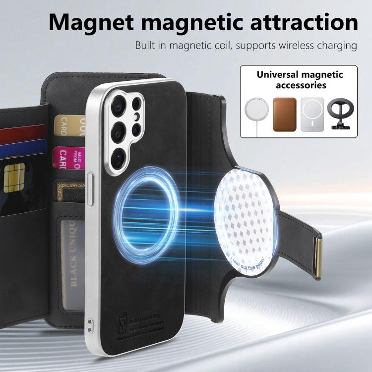 For Galaxy S26 Ultra 5G Precision Hole Silver-Edged Ring RFID Blocking Zipper Wallet Magnetic Vegan Leather Phone Case
