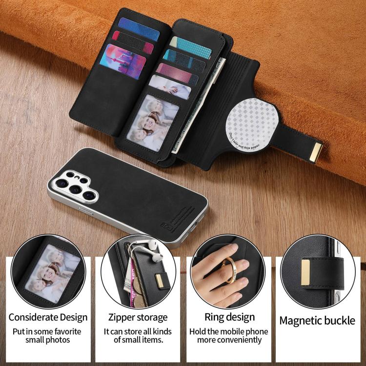 For Galaxy S26 Ultra 5G Precision Hole Silver-Edged Ring RFID Blocking Zipper Wallet Magnetic Vegan Leather Phone Case