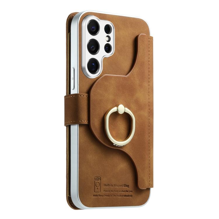 For Galaxy S26 Ultra 5G Precision Hole Silver-Edged Ring RFID Blocking Zipper Wallet Magnetic Vegan Leather Phone Case